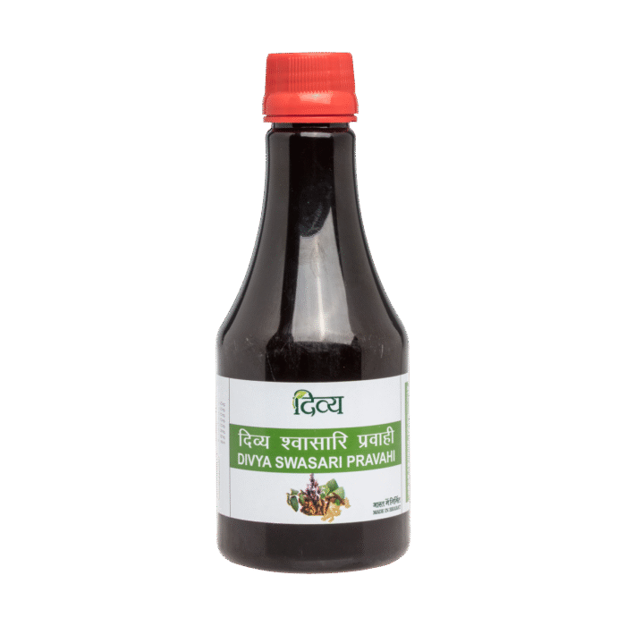 Patanjali Swasari Pravahi – Ayurvedic cough syrup bottle for relief from cough, cold, and sore throat naturally.