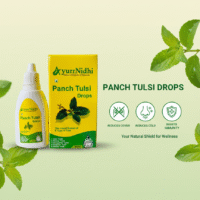 AyurrNidhi Panch Tulsi Drops with five Tulsi extracts shown beside fresh Rama, Van, Shyam, Kapoor and Bisva Tulsi leaves for immunity support