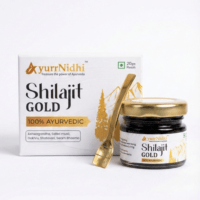 Bottle of AyurrNidhi Shilajit Gold Resin containing Pure Himalayan Shilajit and Swarna Bhasma.